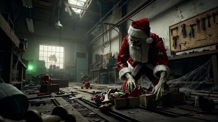 In this dark and captivating video, a sinister Santa Claus constructs toys in a dimly lit workshop filled with shadows and cobwebs. The unsettling atmosphere offers a unique twist on the classic holid