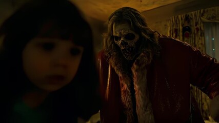 In this thrilling video, a mysterious figure in a red cloak engages with a child in a dimly lit room. The tension builds as ominous sounds fill the air, creating an atmosphere of suspense and intrigue