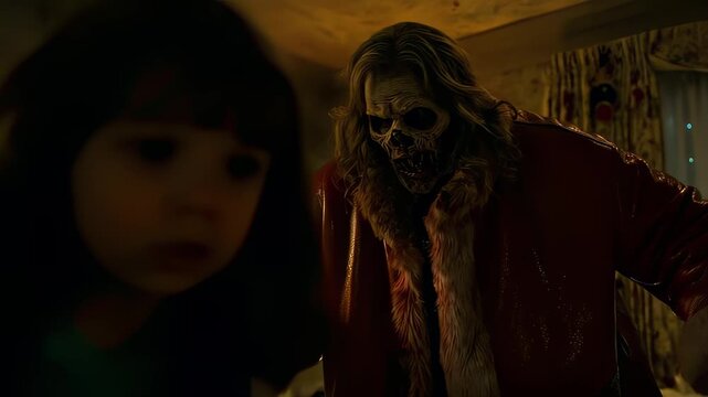In this thrilling video, a mysterious figure in a red cloak engages with a child in a dimly lit room. The tension builds as ominous sounds fill the air, creating an atmosphere of suspense and intrigue