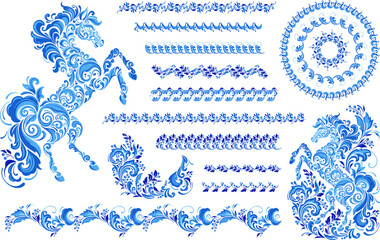 Vector blue collection set illustration of horse made of Gzhel patterns and ornaments, the symbol of the 2026 Chinese New Year, winter frost. Vector illustration