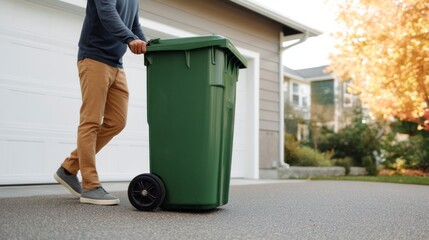 Man moving large green trash can by house for garbage disposal. Performing a household chore in a suburban neighborhood