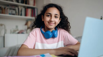 Young student learning online, smiling into camera, wearing headphones during e learning at home