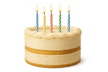 Birthday cake with white frosting and five colorful lit candles, representing celebration, dessert, and sweet food