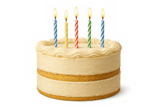 Birthday cake with white frosting and five colorful lit candles, representing celebration, dessert, and sweet food
