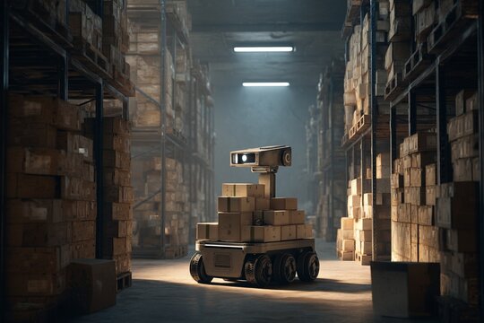 Industrial robot systematically stacking cardboard boxes during peaceful night shift, Calm industrial environment with automated systems efficiently managing material handling tasks at night