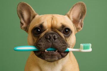 Adorable French bulldog holding toothbrush, demonstrating dental hygiene