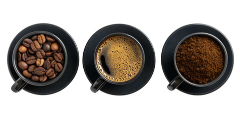 Three black coffee cups showing coffee beans, ground coffee, and brewed coffee 