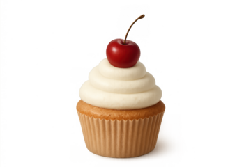 Vanilla cupcake with cherry on top isolated on transparent background for delicious dessert and celebration concepts