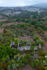 Aerial view from a drone of an abandoned village in Alto Jerea in the Losa Valley, Las Merindades, Burgos, Castile and Le&oacute;n, Spain, Europe