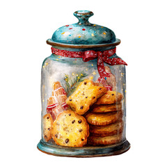 Watercolor illustration of a festive jar filled with assorted Christmas cookies, adorned with a red ribbon, showcasing a delightful holiday treat concept with vibrant colors and textures