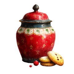 Watercolor illustration of a festive red cookie jar adorned with holiday decorations, accompanied by delicious Christmas cookies, creating a warm holiday atmosphere