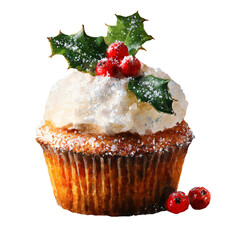 Christmas cupcake watercolor illustration featuring a festive design with holly leaves, red berries, and a fluffy frosting topping, perfect for holiday-themed projects and seasonal celebrations
