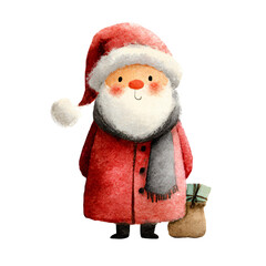 Watercolor illustration of Santa Claus in a red coat with a gray scarf, holding a bag of gifts, embodying the joyful spirit of Christmas and holiday celebrations