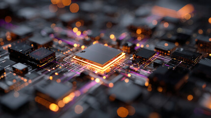Quantum computing interface glowing in dark environment with luminous digital elements representing futuristic technology, advanced computation, abstract data flow, and sci-fi digital visualization