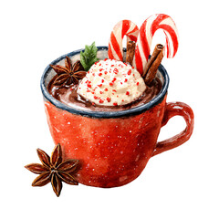 Watercolor illustration of a cozy red mug filled with hot chocolate, topped with whipped cream, candy canes, and spices, perfect for Christmas celebrations and winter warmth
