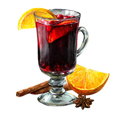 Watercolor illustration of Christmas mulled wine in a glass with orange slices, cinnamon stick, and star anise, evoking warm holiday ambiance and festive cheer