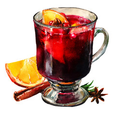 Watercolor illustration of Christmas mulled wine in a glass mug, garnished with orange slices and spices, evoking warm holiday ambiance and festive cheer