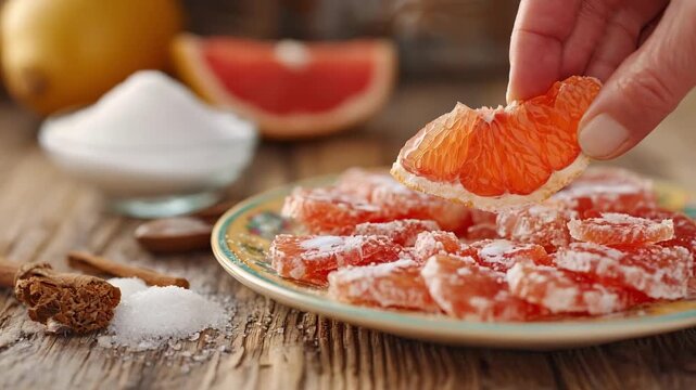 Medium shot of hands preparing candied pomelo rind on a rustic wooden table with sugar and spices arranged nearby.