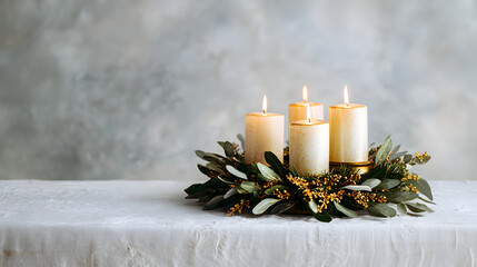 Advent wreath with four lit candles surrounded by greenery and decorative elements, symbolizing the Christmas season and traditional German Catholic customs