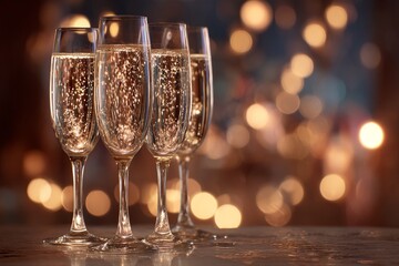elegant celebration scene, chic marble table adorned with bubbling champagne for special events, sophisticated holiday or wedding ambiance featuring crystalclear glasses and glowing bokeh effects