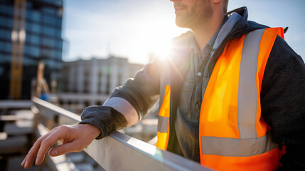 Faceless technician leaning slightly on a metal structure, sun flare partially overexposing upper body, soft-focus background, with copy space