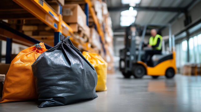 Close-up of heavy-duty bags with light highlighting pressure folds, faceless forklift operator blurred near shelving, with copy space