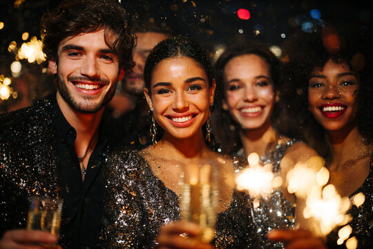 Group of diverse friends celebrating New Year's Eve with sparkling drinks and festive sparklers, dressed in glamorous outfits, enjoying joyful moments together in a vibrant atmosphere