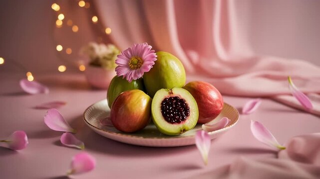 Fresh higo figs on pink plate with flower in cozy warm indoor light