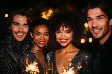 Fototapeta premium Group of diverse friends celebrating New Year's Eve with sparkling drinks, wearing festive attire, surrounded by twinkling lights and joyful atmosphere, capturing the essence of celebration
