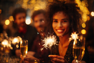 Joyful woman holding sparkler at New Year's Eve celebration, surrounded by friends, sparkling lights creating festive atmosphere, capturing the essence of holiday cheer and togetherness