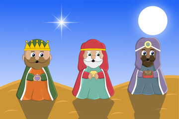 Design of the Three Wise Men on their way to Bethlehem with the shooting star