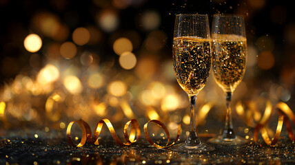 Sparkling champagne flutes filled with bubbly drink, surrounded by festive golden ribbons and shimmering lights, creating a joyful atmosphere for New Year's Eve celebration, copy space