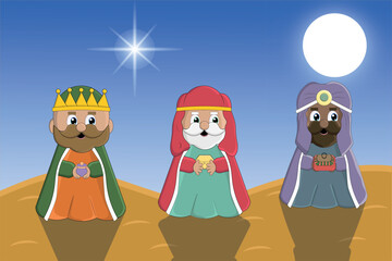 Design of the Three Wise Men on their way to Bethlehem with the shooting star