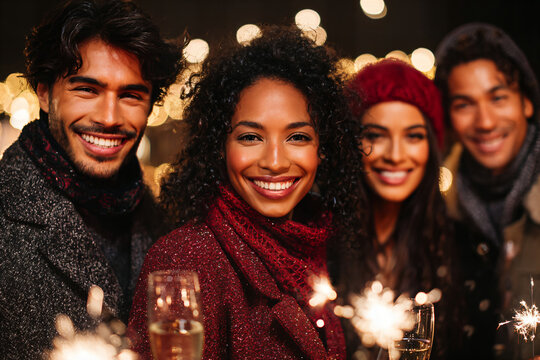 Group of cheerful friends celebrating New Year's Eve with sparklers and champagne glasses, surrounded by festive lights, capturing joyful moments of togetherness and celebration - Powered by Adobe