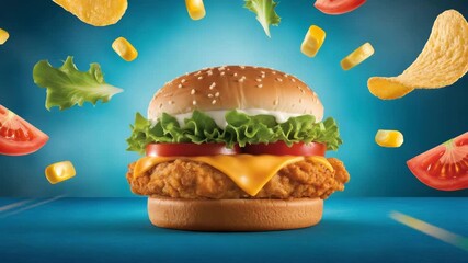 Crispy chicken burger build with fresh ingredients falling around it in dynamic motion, creating mouthwatering anticipation for a delicious meal experience