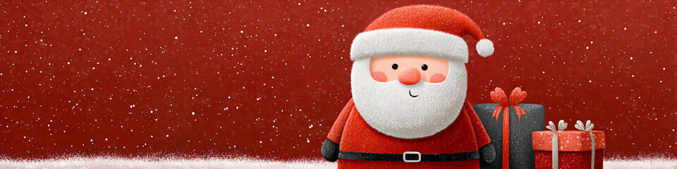 Cheerful Santa Claus illustration with red background, surrounded by colorful gifts, embodying the spirit of Christmas and festive joy, perfect for holiday-themed designs and decorations, copy space