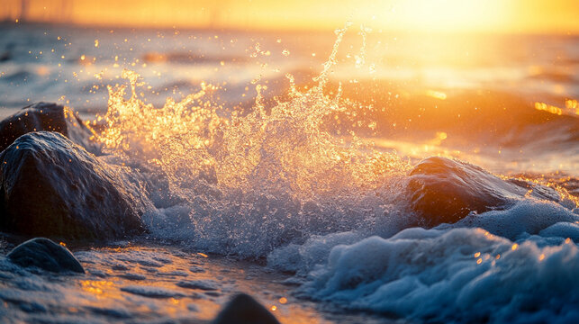 Rocks meeting ocean waves during golden hour with warm sunlight reflecting off water creating a serene, natural seascape evoking calm, beauty, and peaceful coastal atmosphere