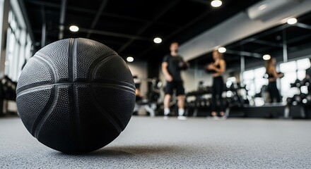 Close-up of a black basketball on a gym floor with two people in the background.