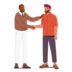 Fototapeta premium Man congratulating male colleague with handshake standing together isolated on white background