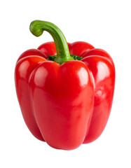 Single, vibrant red bell pepper with a green stem, colorful vegetable, transparent background