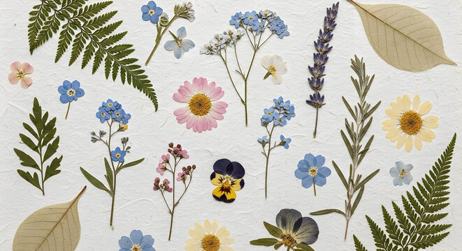 Pressed flowers and leaves artfully arranged on a white textured background, showcasing a variety of botanical specimens.
