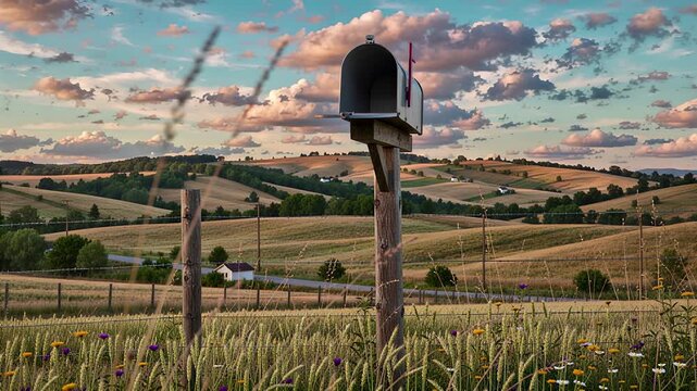 rustic mailbox overflowing with letters in golden sunset rural landscape | countryside, rural, vintage, nostalgia, nature theme