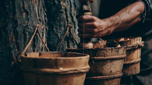 Medium shot of a person drilling into a maple tree trunk to extract sweet sap surrounded by rustic wooden buckets hanging from the bark.