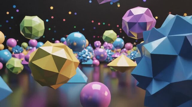 Vibrant 3D Abstract Geometric Shapes and Spheres Bouncing and Floating in a Dynamic Dark Space.
