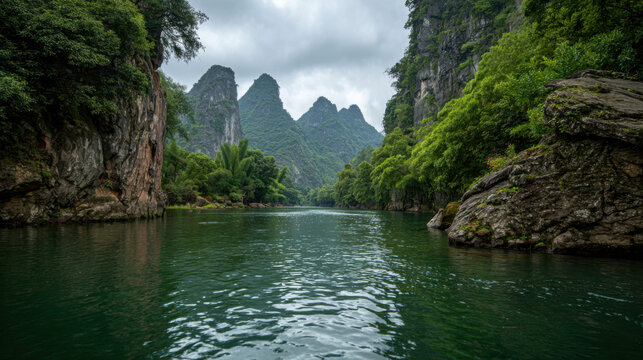 peaceful river winds through dramatic karst cliffs and lush green forest under a cloudy sky, creating a serene and majestic natural landscape deep in untouched wilderness