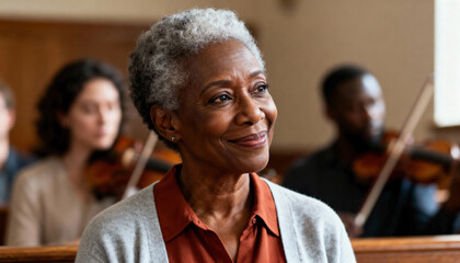 Smiling senior african american woman enjoying a classical music concert. Portrait of an elegant elderly female in an audience at a live performance