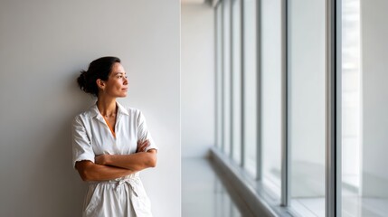 Thoughtful woman in modern office by window
