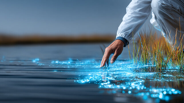 Scientist’s hand interacting with a holographic water purity display in an outdoor field representing environmental analysis, futuristic technology, scientific research, and digital data visualization