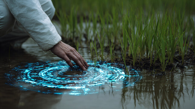 Scientist’s hand interacting with a holographic water purity display in an outdoor field representing environmental analysis, futuristic technology, scientific research, and digital data visualization
