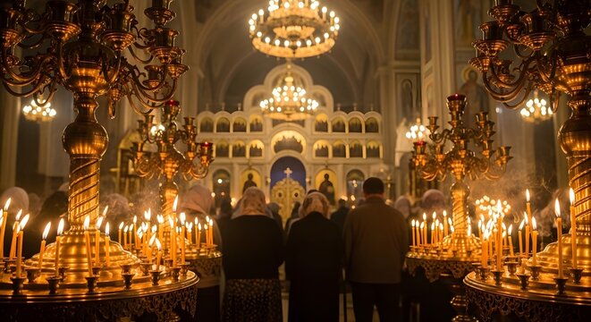 Orthodox Christmas: People praying with candles in a church during a religious service